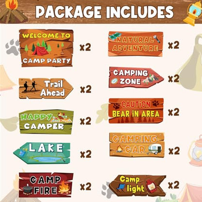 Hooqict 20 Pieces Camping Themed Party Decorations Camping Party Directional Signs for Summer Camp Decor Welcome to Camp Birthday Party Supplies Classroom Wall Door Porch Yard Sign - style: Camping