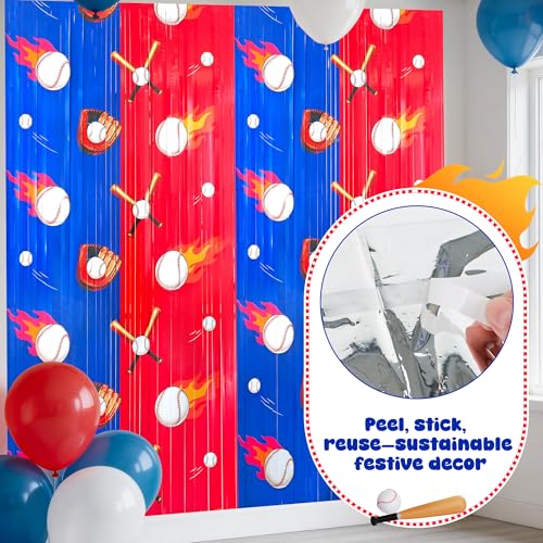 2Pack Baseball Backdrop Banner Baseball Birthday Party Decorations Supplies for Boys Kids, Sports Themed Party Decorations Blue White Red Tinsel Backdrop Foil Fringe Curtains Door Streamers