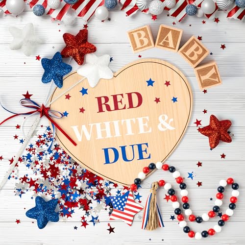 11Pcs Pregnancy Announcement Set 4th of July Baby Coming Soon Announcements Ideas Include Red White & Due Wooden Sign Star Beads Garland Red White Blue Pregnancy Reveal Photo Prop for Independence Day - color: Red White Blue