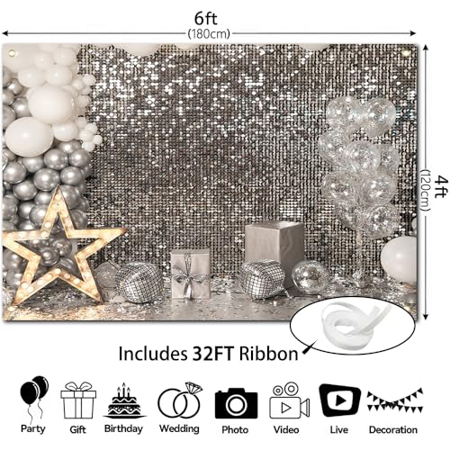 6×4FT Silver Sequin Glitter Star Balloon Box Photo Backdrop Happy Birthday Shimmer Wall Photography Background Baby Shower Newborn Celebration Party Banner Decoration Supplies Polyester - size: 6x4FT
