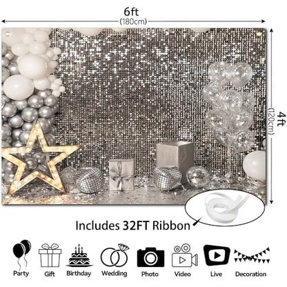 6×4FT Silver Sequin Glitter Star Balloon Box Photo Backdrop Happy Birthday Shimmer Wall Photography Background Baby Shower Newborn Celebration Party Banner Decoration Supplies Polyester - size: 6x4FT
