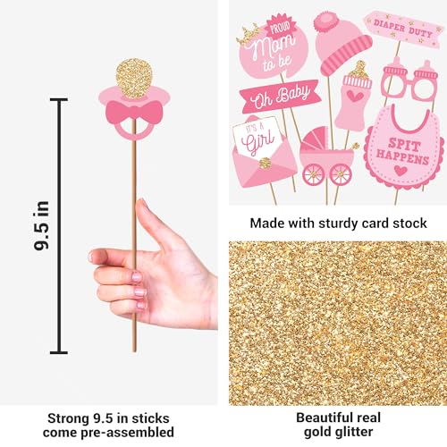 Fully Assembled Baby Shower Photo Booth Props - Set of 30 - Girl Baby Shower Selfie Signs - Pink Party Supplies & Decorations - with Real Gold Glitter - Did We Mention No DIY