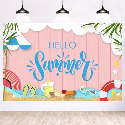 Maicaiffe Hello Summer Backdrop Banner Decor - 6x4 ft Hawaiian Pool Beach Party Photography Background Poster Sign - Summer Tropical Birthday Wedding Retirement Party Photography Prop Booth Decor