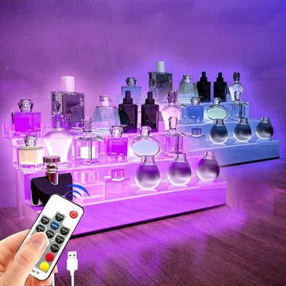 YMVV 15.7 IN Clear Acrylic Display Riser Shelf with LED light,3 Tier Display Step Shelves Holder, Perfume Cologne Organizer Holder,Pops Toys Figures, Clear Cupcake Riser, Dessert Shelf ,2 Pack - color: LED+Clear+15.7IN+3 Tier+2 Pack