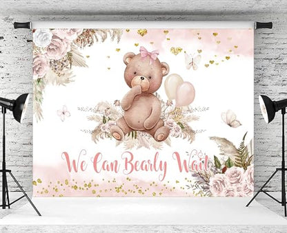 5x3ft Bear Baby Shower Backdrop We Can Bearly Wait Baby Shower Party Decorations Boho Pink Floral Photography Background It’s a Girl Party Banner Supplies Photo Booth Props - size: 5x3ft