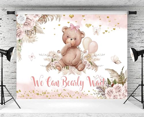 8x6ft Bear Baby Shower Backdrop Boho Pink Floral We Can Bearly Wait Photography Background It’s a Girl Baby Shower Party Banner Decorations Supplies Photo Booth Props - size: 8x6ft
