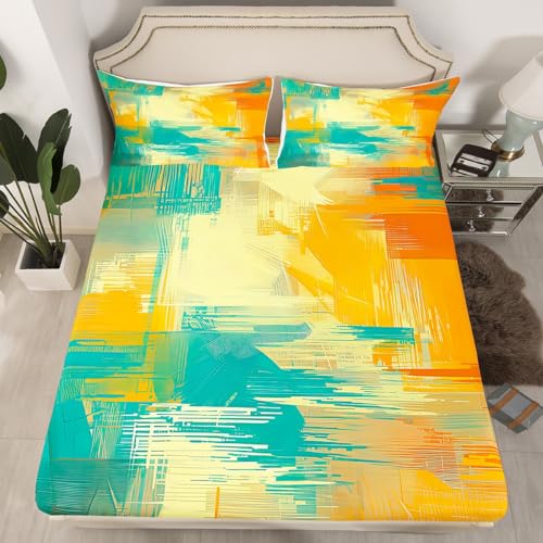 Erosebridal Teal Yellow Fitted Sheet Twin Ombre Sheet Set for Kids Boys Girls Teens Adult,Hip Hop Texture Bed Sheets Retro Watercolor Grunge Hippie Top Sheet Modern Abstract Art Room Decor - color: Multi 15, size: Twin