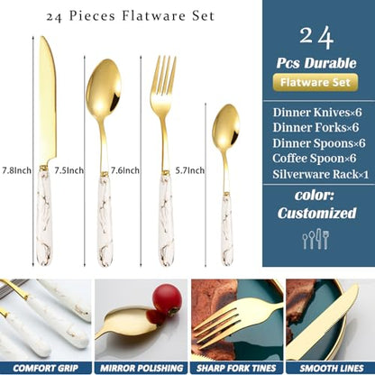 24 Pieces Flatware Set, Stainless Steel Cutlery Set with Silverware Holder, Modern Gold Silverware Set Includes Dinner Knives Forks Spoons,Hanging Silverware Set Service for 6 (White Gold) - color: White Gold