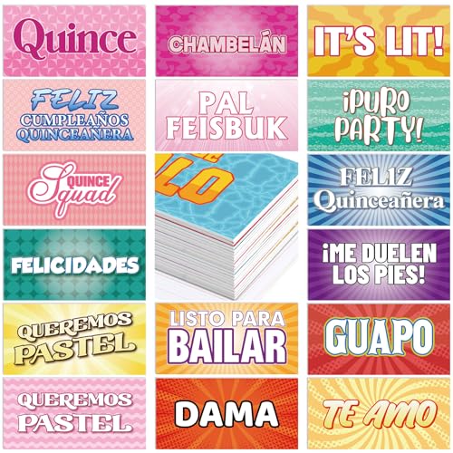24 Designs Spanish Quinceanera Photo Booth Props 15th Birthday Parties Decorations Double Sided 11x5.5 Inch Quince Anos DIY Water Proof Selfie Signs PVC Printing Photo Props for Party Supplies - color: Colorful, style: Quinceanera