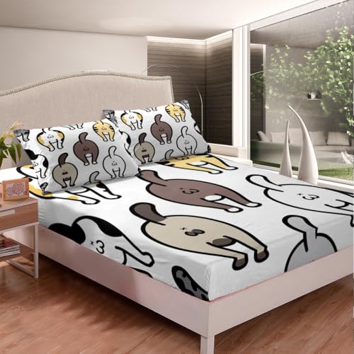 Manfei Lovely Cat Fitted Sheet Cute Kitten Butt of Cat Doodle Bedding Set 2pcs for Kids Boys Animal Theme Sheet Set Soft Polyester Bed Sheets (1 Fitted Sheet + 1 Pillow Case) Twin Size - color: Multi 993, size: Twin (39*75*16")