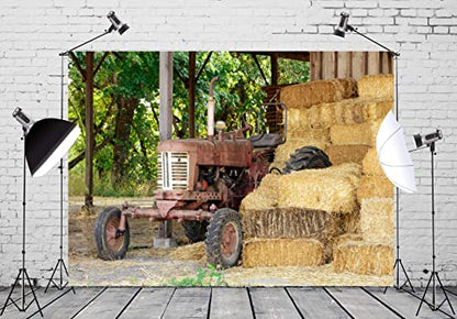 BELECO 15x10ft Fabric Farm Barn Haystack Backdrop Countryside Old Tractor Hay Bales Fall Harvest Photography Background Autumn Themed Party Decoration Kids Adults Portrait Shooting Studio Props - size: 15x10FT