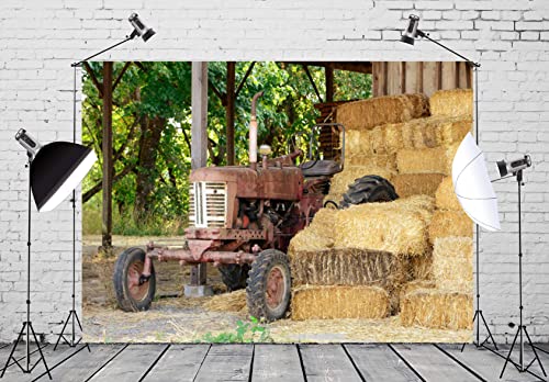 BELECO 7x5ft Fabric Farm Barn Haystack Backdrop Countryside Old Tractor Hay Bales Fall Harvest Photography Background Autumn Themed Party Decoration Kids Adults Portrait Shooting Studio Props - size: 7x5FT