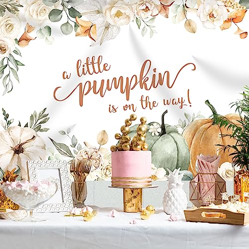 Little Pumpkin Baby Shower Backdrop Fall Autumn White Floral Leaves Photography Background Kids Girls Newborn Baby Shower Party Party Decorations Supplies Banner Photo Studio Booth Props 7x5ft