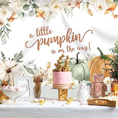 Little Pumpkin Baby Shower Backdrop Fall Autumn White Floral Leaves Photography Background Kids Girls Newborn Baby Shower Party Party Decorations Supplies Banner Photo Studio Booth Props 7x5ft