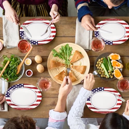 50Pcs Patriotic Oval Paper Plates 10" X 12" Large Heavy Duty 250 Anniversary American Flag Disposable Plates 4th of July Red Blue and White Platters for President Memorial Independence Day Supplies - style: 4th of July Oval Kit
