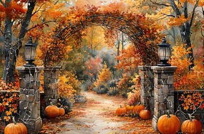 Kate Autumn Stone Arch Backdrops Pumpkin Photo Backdrop Fall Leaves Scenery Photography Backdrops for Seasonal Party Photo Studio Props, 10x6.5ft - size: 10x6.5ft