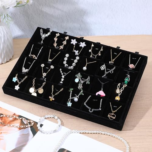 Lemecima 2pcs 24 Grids Stackable Jewelry Tray Organizer with Removable Dividers, Velvet Jewelry Display Tray for Earrings Necklaces Bracelet Rings Display Showcase - Black