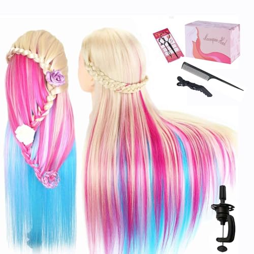 Beauty Star 29" Colorful Mannequin Head with 100% Syntheic Hair, Doll Head for Hair Styling and Braiding Practice, Professional Bride Cosmetology Training Manikin Head with Clamp Stand Updo Kit - color: Colorful