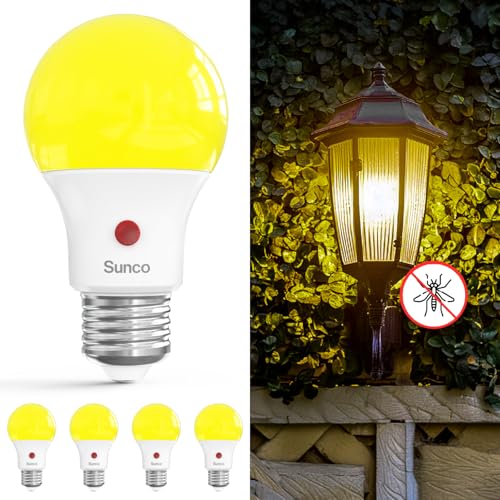 Sunco Yellow Light Bulbs Outdoor A19, LED Bug Lights for Outside Dusk to Dawn, 480 LM, 9W, 2000K Amber Glow, Auto On/Off Photocell Sensor, E26 Base, for Porch Patio Deck Backyard UL 4 Pack. - color: 2000k Amber Glow, size: 4 Count (Pack of 1)