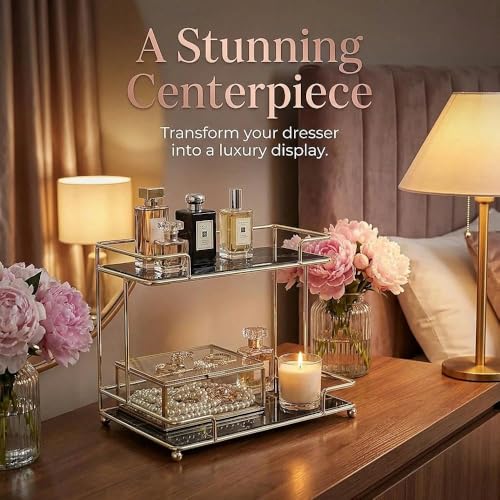 Simmerstone Perfumes Display Shelf, 2 Tier Bathroom Vanity Tray for Comestic, Makeups, Toiletries and Skincare, Multifunctional Cosmetic Storage Rack for Dresser and Countertop