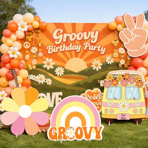 4 Pcs 24 Inch Large Hippie Photo Booth Props Retro Groovy Cardboard Cutout Party Decorations Boho Bus Daisy Peace Sign Hand Rainbow Frame Backdrop for 60s 70s Hippie Baby Shower Party Supply - style: Hippie