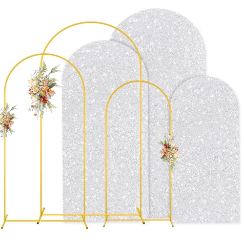 MODFUNS Arch Backdrop Stand and Cover Set Silver Arch Backdrop Cover 6ft 5ft 4ft Gold Wedding Arch Frame Sequin Arch Covers with Stand Double Sided Arch Back Drop for Wedding Reception Banquet Decor - color: Silver, size: 4&5&6ft-set