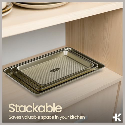 Diamond Bottom Cookie Sheet Set of 3, Nonstick Gold Carbon Steel Baking Pans for Crisp Baking, Space-Saving Stackable Trays, PFOA, PFOS, PTFE Free, Oven Safe Up to 450°F, Small, Medium & Large Sheets - color: Gold, size: Pack of 3