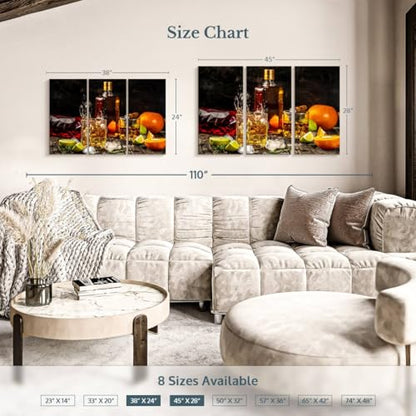 ElephantStock - Citrus Whiskey And Cigar Wall Art - Horizontal Multi Panel Canvas - 3 Piece Living Room Wall Decor - Photography Food And Drink Multi Piece Wall Art - Brown And Gray Decor - 45" x 28" - size: 45L" x 28W"