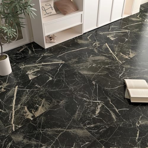 Marble Black Vinyl Flooring Tiles Peel and Stick Floor Tile 12''x12'' Self Adhesive Waterproof Floor Stickers for Kitchen Bathroom Decorative Flooring Sheets for Bedroom Basement RV Sticky Tiles 16PCS - color: Black/Yellow, size: 16 Tiles