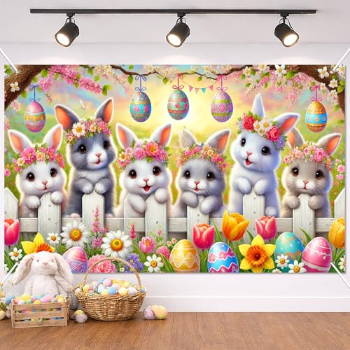 BlissYard Happy Easter Bunny Banner Spring Easter Banner Decorations 71x43 Inch Floral Rabbits with Eggs and Flowers Cute Holiday Backdrop for Yard Porch Party Kids Egg Hunt Celebration Seasonal Outdoor Display Decor - color: Multicolor
