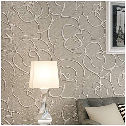 Q QIHANG Modern Minimalist Embossed 3D Rose Flower Non-Woven Non-Self Adhesive Wallpaper Cream&Gray Color 0.53m(1.738' W) x 10m(32.8' L)=5.3㎡(57 sq.ft) - color: Cream Gray
