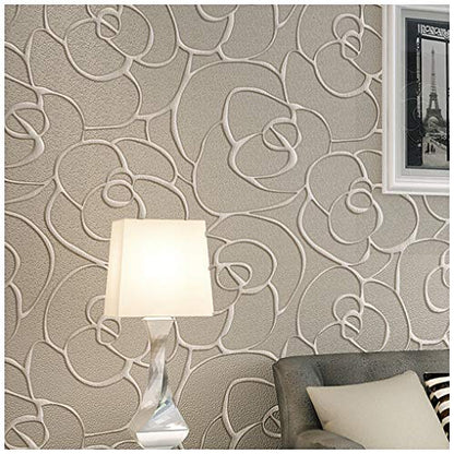Q QIHANG Modern Minimalist Embossed 3D Rose Flower Non-Woven Non-Self Adhesive Wallpaper Cream&Gray Color 0.53m(1.738' W) x 10m(32.8' L)=5.3㎡(57 sq.ft) - color: Cream Gray