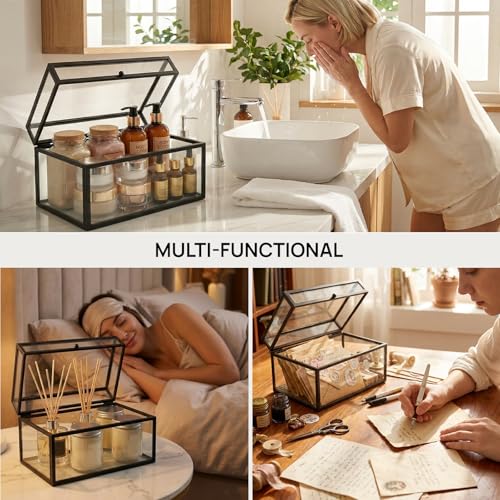 40 Lipsticks Organizer with Lid, Glass Display Box Fits Large Perfume & Skincare, Easy-Access Organiser for Vanity Countertop, Multifunctional Display Box in Any Rooms - color: black