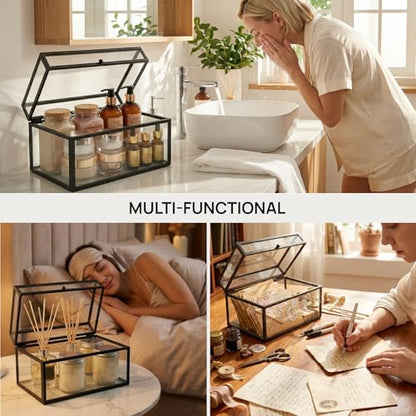 40 Lipsticks Organizer with Lid, Glass Display Box Fits Large Perfume & Skincare, Easy-Access Organiser for Vanity Countertop, Multifunctional Display Box in Any Rooms - color: black