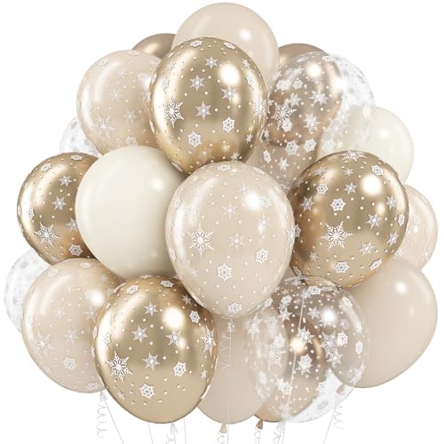Jobkoo Snowflake Balloons Winter Wonderland Beige Gold Cream White Sand Balloons Neutral Boho Winter Balloon Set for Ice Onderland Snow Holiday Birthday Christmas Baby Bridal Shower Party Decorations - color: Beige Gold