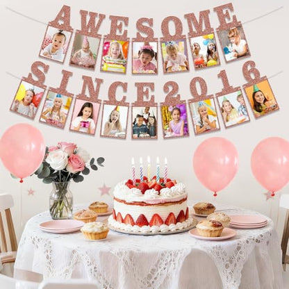 Pre-strung Awesome Since 2016 Photo Banner Birthday Decorations for Girls Women- Pink Rose Gold Glitter Happy 10th Birthday and Anniversary Decorations Party Supplies - style: Pink Rose Gold 10th