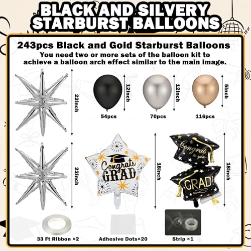 Seenelling 244 Pcs Black and Silver Graduation Balloon Arch Kit with Balloon Arch Stand Graduation 2026 Party Photo Booth Prom Backdrop for Celebrations High School Birthday Party Decoration