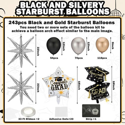 Seenelling 244 Pcs Black and Silver Graduation Balloon Arch Kit with Balloon Arch Stand Graduation 2026 Party Photo Booth Prom Backdrop for Celebrations High School Birthday Party Decoration