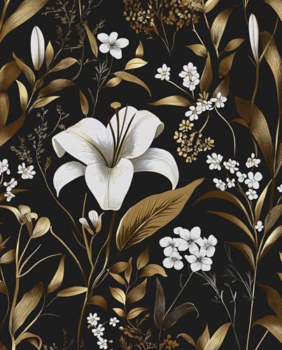 Laatse Black Gold Wallpaper Peel and Stick, Dark White Floral Vintage Contact Paper 17.5" x 197", Golden Botanical Wall Paper Self Adhesive Removable Waterproof for Bedroom Shelf Drawer Table Decor - color: Gold with White, size: 197" x 17.5"