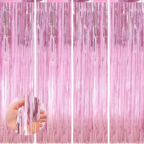 Valentines Day 4 Pack 3.3 * 8.3 ft Foil Curtain Metallic Tinsel Fringe Curtains Photo Booth Props Backdrop for Birthday Wedding Engagement Baby Shower Christmas Holiday Celebration Partyl,Pink - color: Pink, size: 4 Pack