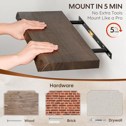 Floating Shelves Set of 2, Solid Elm Wood Wall Shelves 24 Inch - Invisible Bracket Mount for Living Room, Bedroom, Kitchen, Bathroom - Brown - color: Dark Brown, size: 24"L, 2-Pack