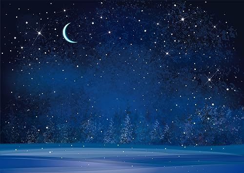 BELECO 8x6ft Fabric Winter Wonderland Night Snowfall Backdrop Blue Starry Sky Moon Stars Snowflakes Fir Trees Pine Forest Snow Scene Background Christmas New Year Party Decoration Photo Studio Props - size: 8x6FT