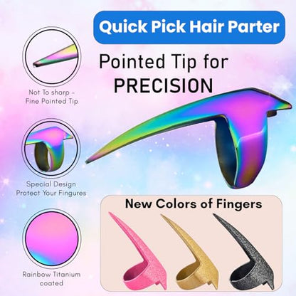 Hair Parting & Sectioning Ring - Stainless Steel Finger Braiding Hair Pick Tools Quick Installation of Human Hair Extensions Hair Styling Tools (Multi) - color: Multi Rainbow