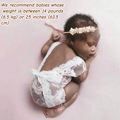Newborn Photography Outfits, Cute Baby Lace Ribbon Rompers with Headband for Infant Photography Props - color: White