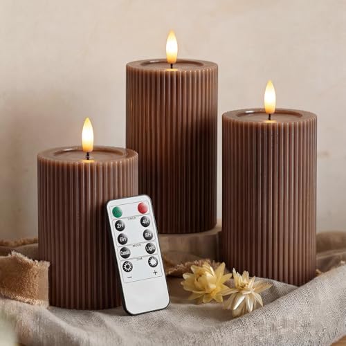 Fluted Ribbed LED Pillar Candles, Brown, with Realistic Reflective Melted-Wax Effect – Flickering Flame, Remote, Dimmable, Flameless, Battery Operated, Home & Wedding Decor (Set of 3) - color: Brown