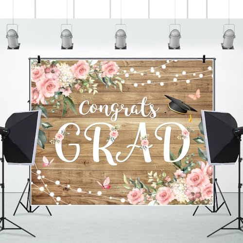 Graduation Congrats Grad Photography Backdrops 7x5ft Vinyl Boho Floral Flower Wood Board Class of 2025 Backdrop Background Party Background Banner Supplies Photo Booth Props for Prom Party - size: 7′x5′