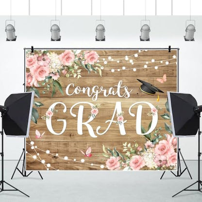 Graduation Congrats Grad Photography Backdrops 8x6ft Vinyl Boho Floral Flower Wood Board Class of 2025 Backdrop Background Party Background Banner Supplies Photo Booth Props for Prom Party - size: 8′x6′