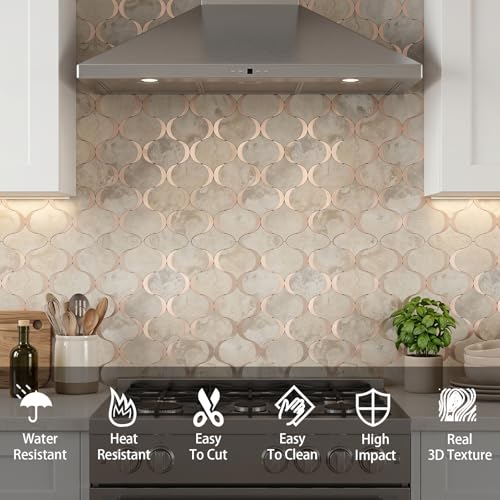 10 Sheet Arabesque Peel and Stick Backsplash Tile, Stick on Backsplash for Kitchen and Bathroom Wall, Ecru Beige Stone Look PVC Mixed Metal Aluminum - color: Ecru Beige Stone Mixed Metal Rose Gold