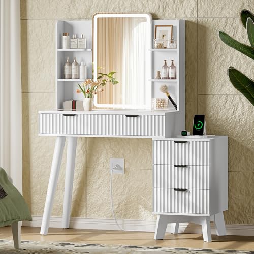 Vanity Desk With HD Lighted Mirror and Lights, Fluted Small Makeup Vanity with Storage Drawers & Shelves, Modern Dressing Table Set with Power Outlet & Glass Table Top for Women Girls Bedroom, White - color: White, size: 5 Drawers