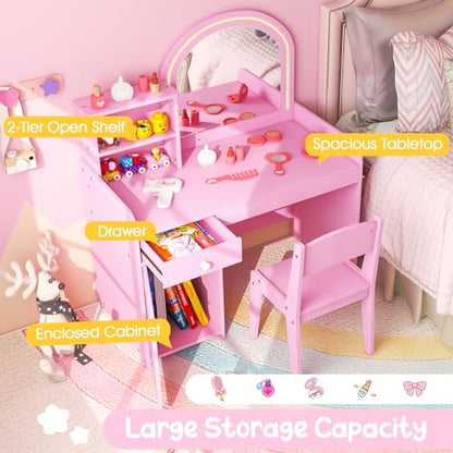Costzon Kids Vanity with Lights, 2 in 1 Princess Makeup Desk & Chair Set with Lighted Mirror, Drawer, Storage Shelves & Cabinet, Toddler Dressing Table, Vanity Set for Little Girls (Pink) - style: Pink with Cabinet